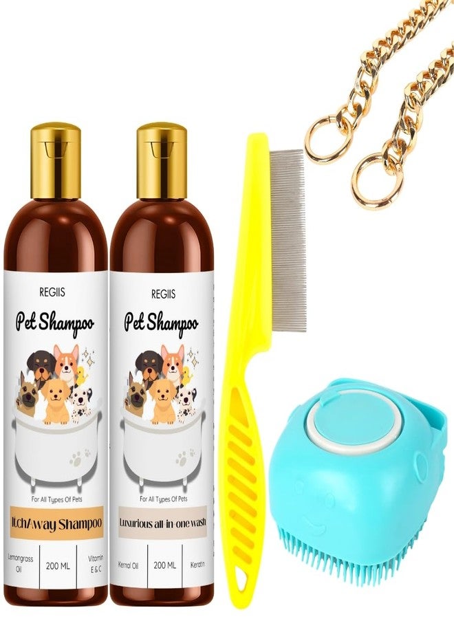 REGIIS Pet Shampoo Set with Grooming Tools, 200 ML Dog Shampoo, Itch Away Formula, Lemongrass Oil, Vitamin E & C, Includes Flea Comb, Silicone Brush, Gold Chain(5 Pack) - Image 1